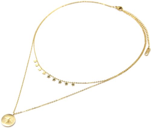 Collier-Double-Chaines-avec-Mini-Etoiles-et-Medaille-Etoile-Polaire-Acier-Dore