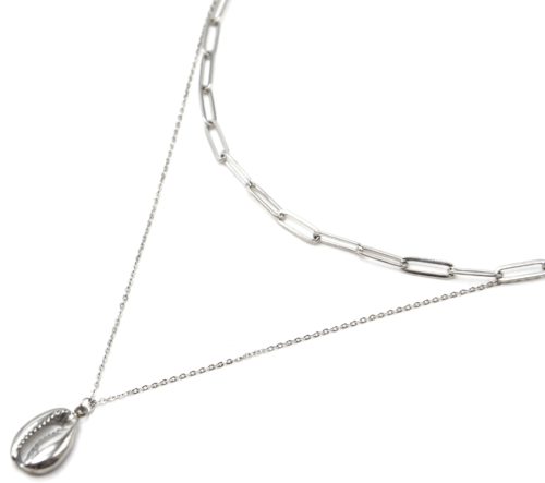 Collier-Double-Chaines-avec-Maillons-et-Cauri-Acier-Argente