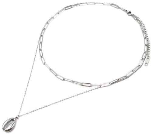 Collier-Double-Chaines-avec-Maillons-et-Cauri-Acier-Argente