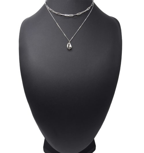 Collier-Double-Chaines-avec-Maillons-et-Cauri-Acier-Argente