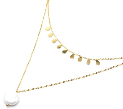 Collier-Double-Chaines-avec-Pampilles-Gouttes-Acier-Dore-et-Perle-Nacre-Blanc