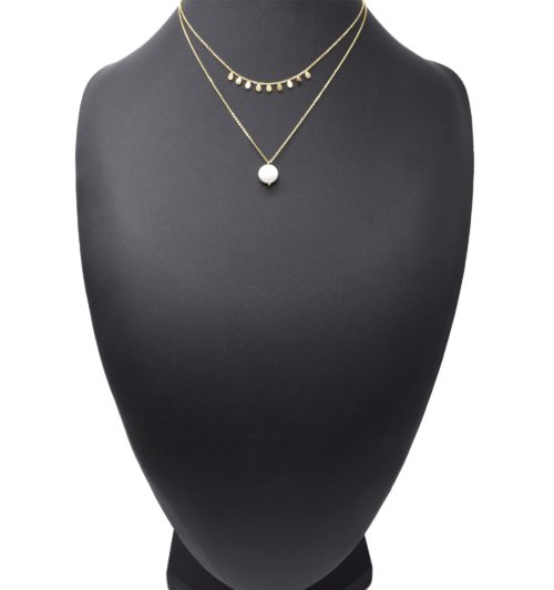 Collier-Double-Chaines-avec-Pampilles-Gouttes-Acier-Dore-et-Perle-Nacre-Blanc