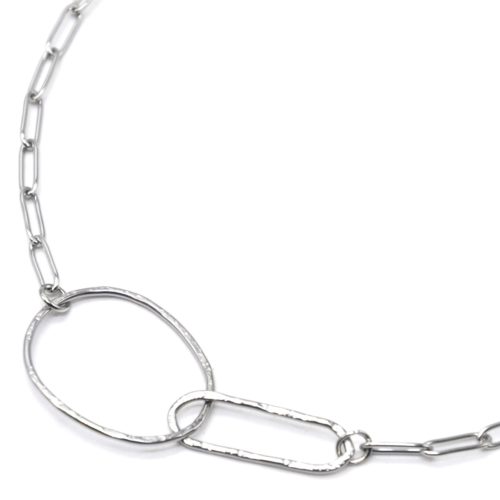 Collier-Chaine-Maillons-avec-Ovales-Contour-Martele-Acier-Argente