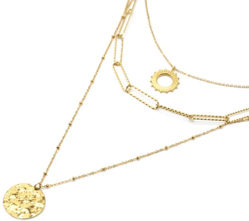 Collier-Triple-Chaines-avec-Soleil-Maillons-et-Medaille-Martelee-Acier-Dore