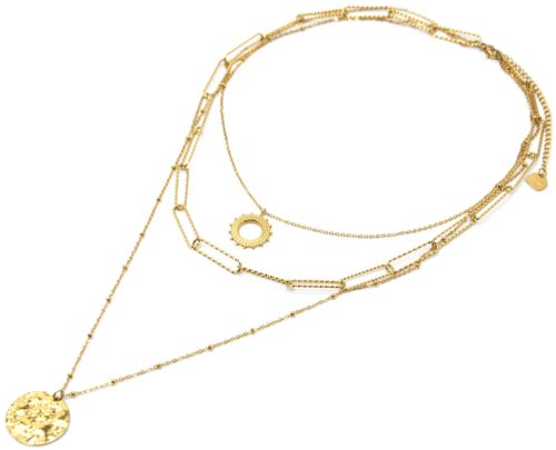 Collier-Triple-Chaines-avec-Soleil-Maillons-et-Medaille-Martelee-Acier-Dore