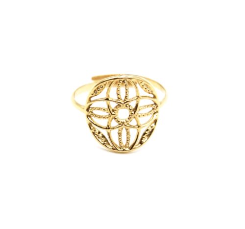 Bague-Reglable-avec-Cercle-Ajoure-Motif-Rosace-Acier-Dore