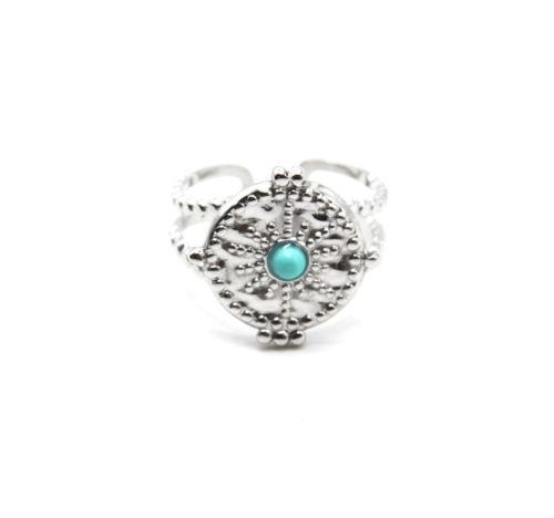 Bague-Anneau-Ajoure-avec-Medaille-Martelee-Soleil-Acier-Argente-et-Pierre-Turquoise