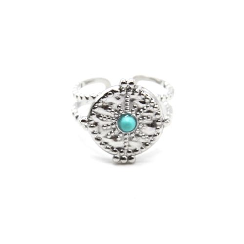 Bague-Anneau-Ajoure-avec-Medaille-Martelee-Soleil-Acier-Argente-et-Pierre-Turquoise