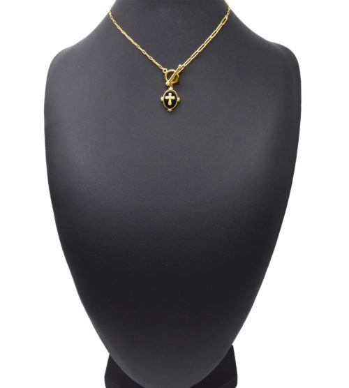 Collier-Chaine-Maillons-Mixtes-avec-Fermoir-T-et-Medaille-Pierre-Noire-Croix-Acier-Dore