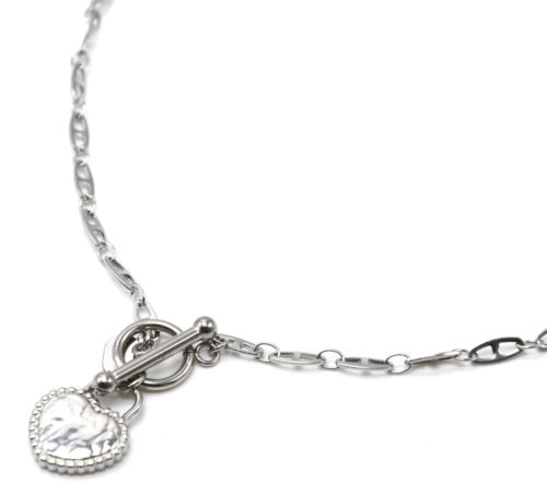 Collier-Chaine-Maillons-Plats-Fermoir-T-avec-Coeur-Cadenas-Martele-Acier-Argente