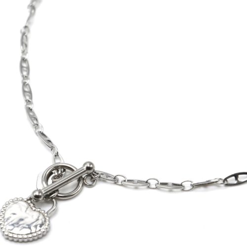 Collier-Chaine-Maillons-Plats-Fermoir-T-avec-Coeur-Cadenas-Martele-Acier-Argente