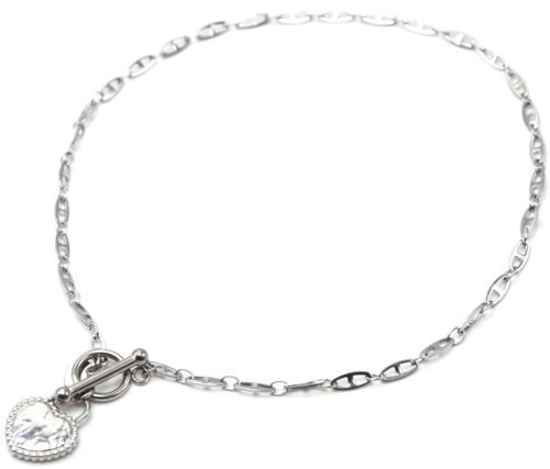 Collier-Chaine-Maillons-Plats-Fermoir-T-avec-Coeur-Cadenas-Martele-Acier-Argente