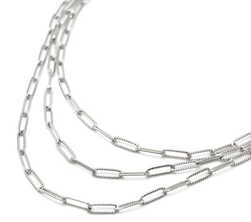 Collier-Triple-Chaines-Maillons-Rectangles-Relief-Pave-Acier-Argente