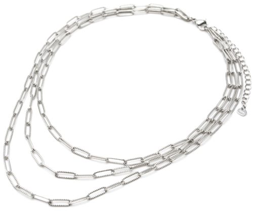 Collier-Triple-Chaines-Maillons-Rectangles-Relief-Pave-Acier-Argente