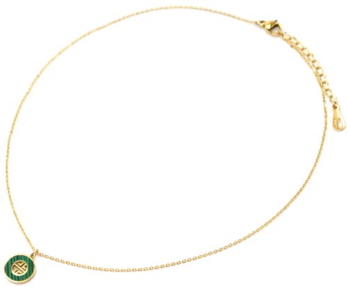 Collier-Fine-Chaine-Pendentif-Medaille-Pierre-Verte-et-Motif-Grec-Acier-Dore