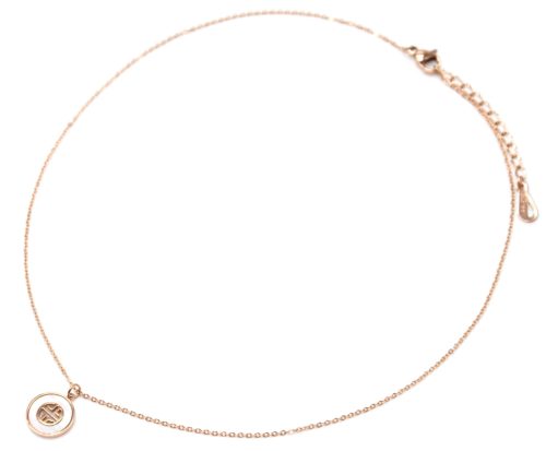 Collier-Fine-Chaine-Pendentif-Medaille-Nacre-Blanc-et-Motif-Grec-Acier-Or-Rose