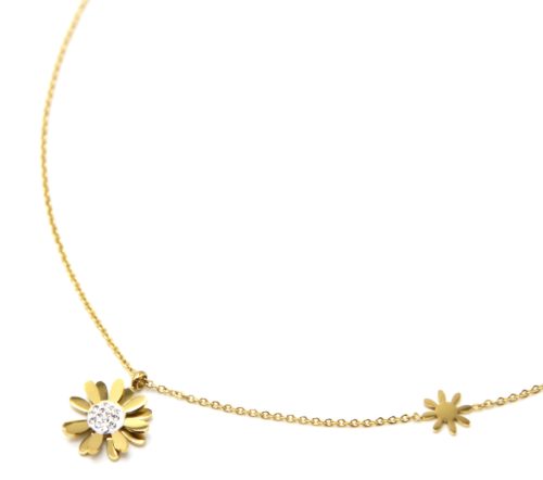 Collier-Fine-Chaine-Pendentif-Fleurs-Petales-Acier-Dore-et-Centre-Strass