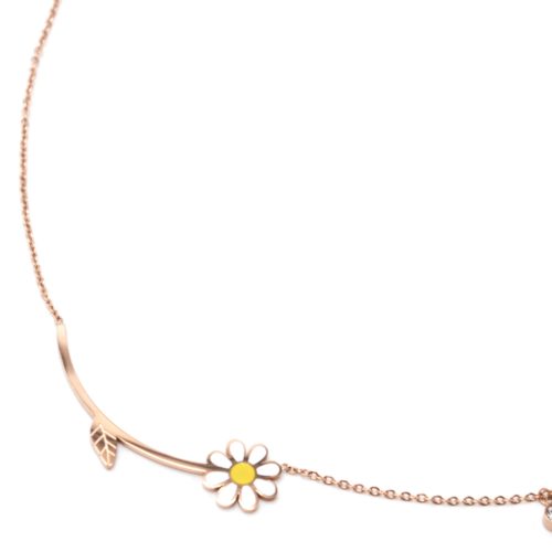 Collier-Fine-Chaine-Pendentif-Tige-Feuille-Acier-Or-Rose-et-Marguerite-Blanc-Jaune