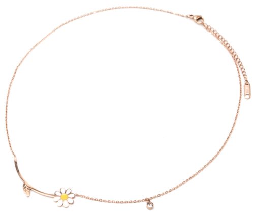 Collier-Fine-Chaine-Pendentif-Tige-Feuille-Acier-Or-Rose-et-Marguerite-Blanc-Jaune