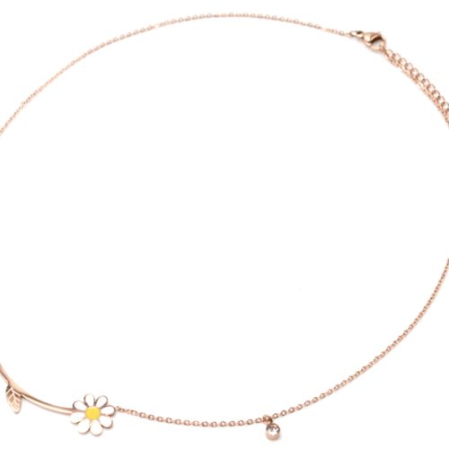 Collier-Fine-Chaine-Pendentif-Tige-Feuille-Acier-Or-Rose-et-Marguerite-Blanc-Jaune