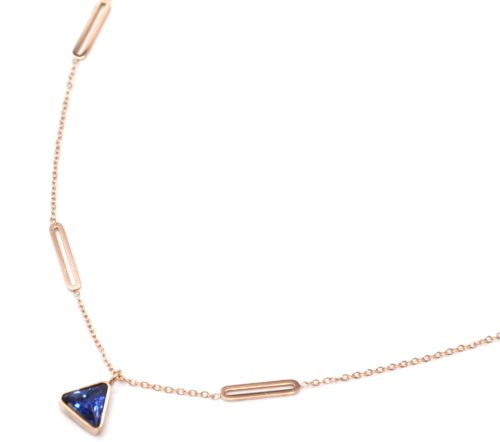 Collier-Fine-Chaine-Ovales-Acier-Or-Rose-et-Pendentif-Pierre-Triangle-Bleue