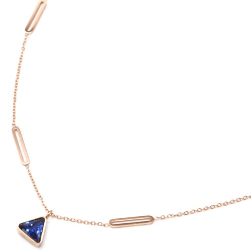 Collier-Fine-Chaine-Ovales-Acier-Or-Rose-et-Pendentif-Pierre-Triangle-Bleue