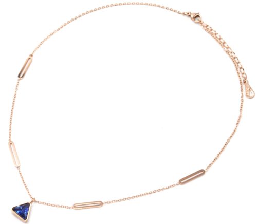 Collier-Fine-Chaine-Ovales-Acier-Or-Rose-et-Pendentif-Pierre-Triangle-Bleue