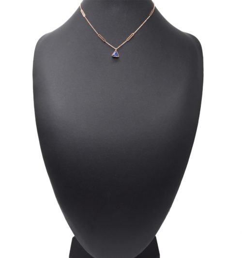 Collier-Fine-Chaine-Ovales-Acier-Or-Rose-et-Pendentif-Pierre-Triangle-Bleue
