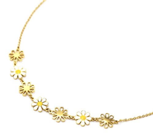 Collier-Fine-Chaine-Pendentif-Marguerites-Email-Blanc-Jaune-et-Acier-Dore