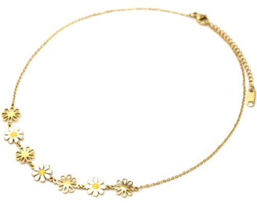 Collier-Fine-Chaine-Pendentif-Marguerites-Email-Blanc-Jaune-et-Acier-Dore