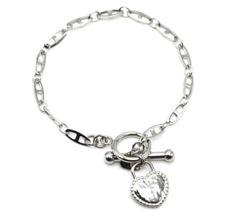 Bracelet-Chaine-Maillons-Plats-Fermoir-T-avec-Coeur-Cadenas-Martele-Acier-Argente