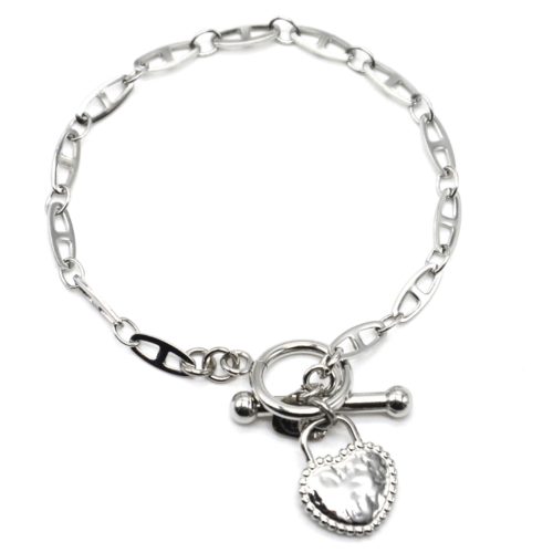 Bracelet-Chaine-Maillons-Plats-Fermoir-T-avec-Coeur-Cadenas-Martele-Acier-Argente