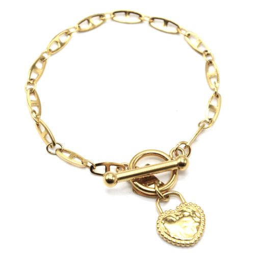 Bracelet-Chaine-Maillons-Plats-Fermoir-T-avec-Coeur-Cadenas-Martele-Acier-Dore