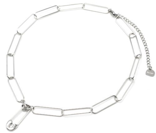 Collier-Chaine-Maillons-Larges-et-Pendentif-Epingle-Acier-Argente