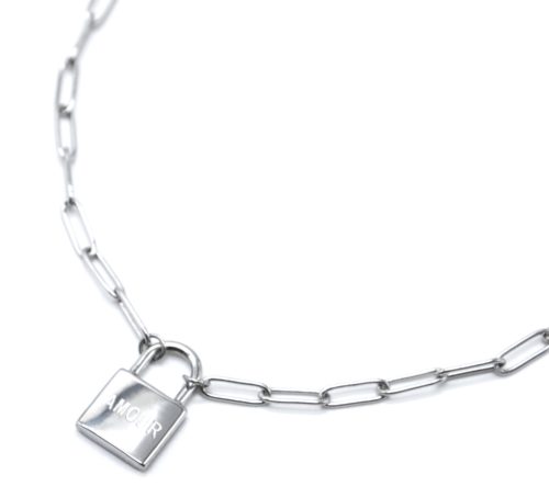 Collier-Chaine-Maillons-et-Pendentif-Cadenas-Amour-Acier-Argente