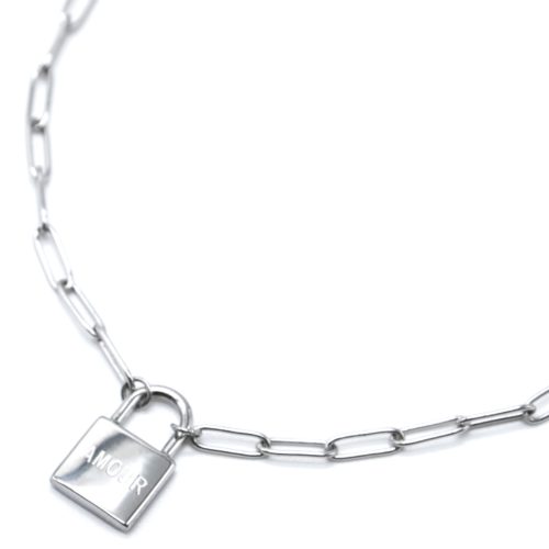 Collier-Chaine-Maillons-et-Pendentif-Cadenas-Amour-Acier-Argente