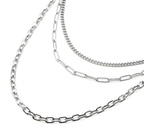 Collier-Triple-Chaines-Maillons-Assortis-Acier-Argente