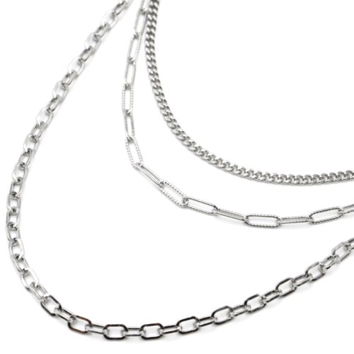 Collier-Triple-Chaines-Maillons-Assortis-Acier-Argente