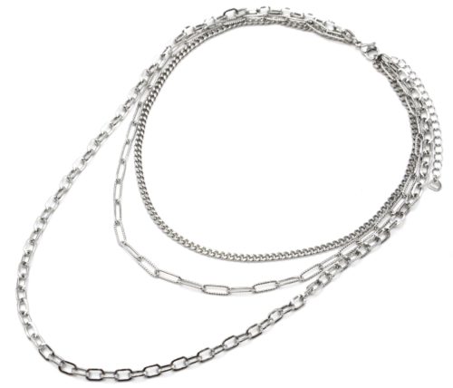 Collier-Triple-Chaines-Maillons-Assortis-Acier-Argente