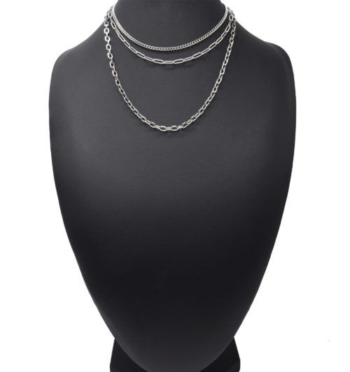 Collier-Triple-Chaines-Maillons-Assortis-Acier-Argente