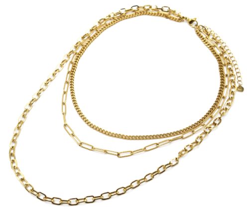 Collier-Triple-Chaines-Maillons-Assortis-Acier-Dore