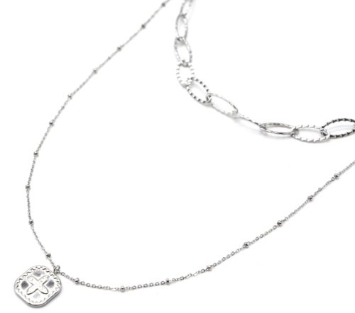 Collier-Double-Chaines-Maillons-et-Pendentif-Medaille-Trefle-Acier-Argente