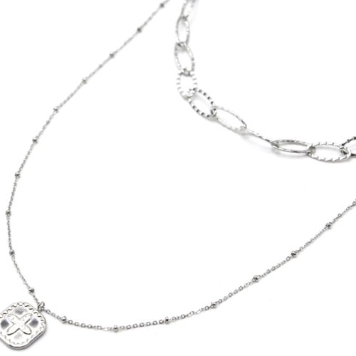 Collier-Double-Chaines-Maillons-et-Pendentif-Medaille-Trefle-Acier-Argente