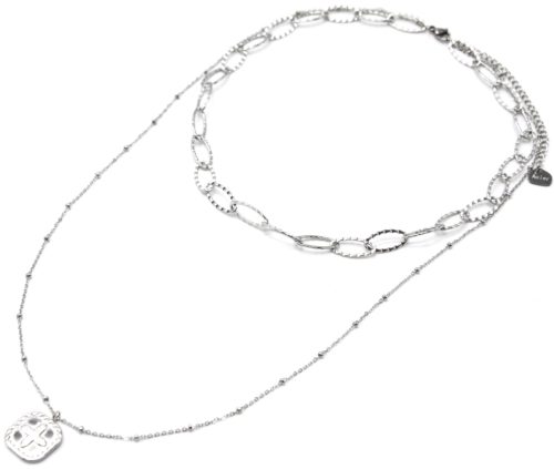 Collier-Double-Chaines-Maillons-et-Pendentif-Medaille-Trefle-Acier-Argente