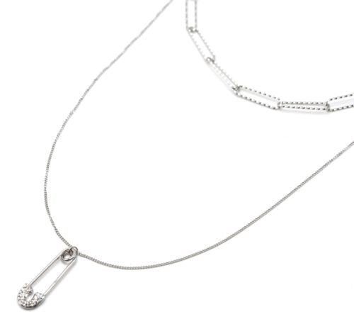 Collier-Double-Chaines-Maillons-et-Pendentif-Epingle-Strass-Acier-Argente