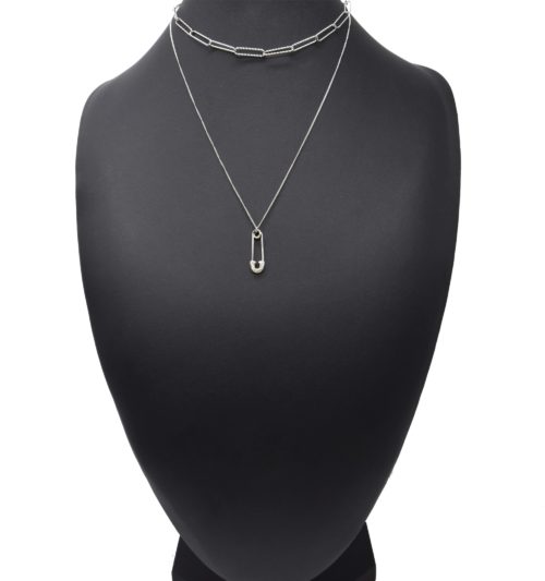 Collier-Double-Chaines-Maillons-et-Pendentif-Epingle-Strass-Acier-Argente