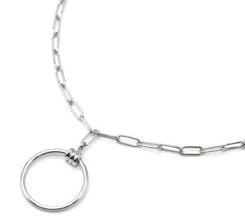 Collier-Chaine-Maillons-Pendentif-Y-Cercle-Anneaux-Acier-Argente