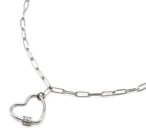 Collier-Chaine-Maillons-Pendentif-Y-Coeur-Anneaux-Strass-Acier-Argente