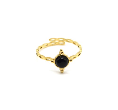 Bague-Fine-Ovales-Ajoures-Acier-Dore-et-Pierre-Ronde-Noire