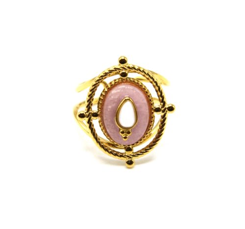 Bague-Pierre-Rose-Motif-Pique-et-Contour-Ovale-Torsade-Acier-Dore